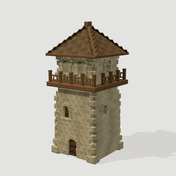 Procedural stone watchtower with timber roof and balcony